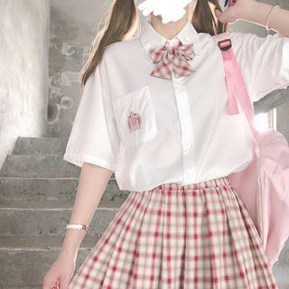 Pocket Detail Short-sleeve Shirt / Plaid Mini A-line Skirt / Bow Tie / Set