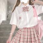 Pocket Detail Short-sleeve Shirt / Plaid Mini A-line Skirt / Bow Tie / Set