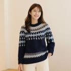 Raglan-sleeve Nordic-pattern Sweater