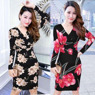 Floral Print V-neck Long-sleeve Bodycon Dress