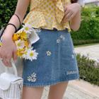 Flower Embroidered Denim Mini A-line Skirt