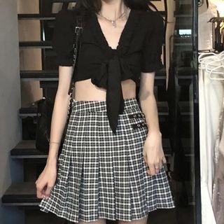 Plaid Mini Skirt / Short-sleeve Tied Crop Top