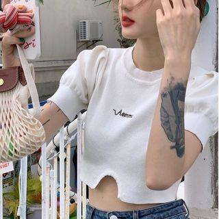 Puff-sleeve Lettering Knit Crop Top