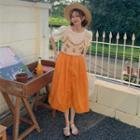 Short-sleeve Plain Blouse / Flower Embroidered Cropped Camisole Top / Midi A-line Skirt