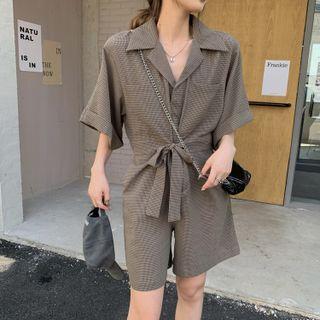 Short-sleeve Plaid Tie-waist Jumper Shorts Gray - One Size