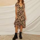 Short-sleeve V-neck Leopard A-line Dress