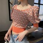 Short-sleeve Floral Knit Crop Top Tangerine - One Size