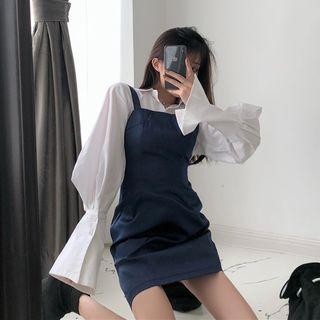 Balloon-sleeve Shirt / Mini A-line Pinafore Dress