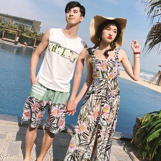 Couple Matching Open Back Sundress / Crew-neck Tank Top / Printed Shorts