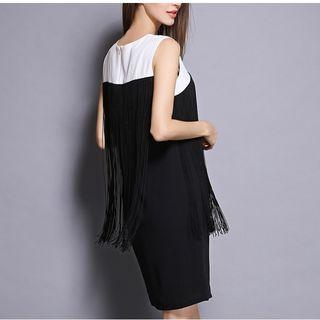 Contrast Panel Fringe Trim Sleeveless Dress