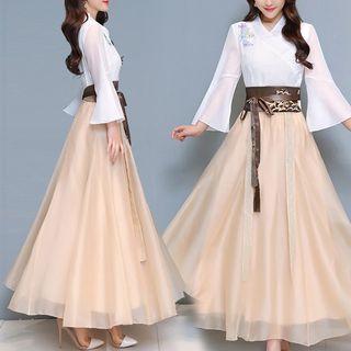 Long-sleeve Top / A-line Maxi Skirt / Wasit Belt / Set