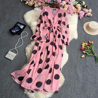Long-sleeve V-neck Dotted Wide Leg Jumpsuit