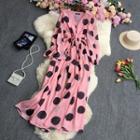 Long-sleeve V-neck Dotted Wide Leg Jumpsuit