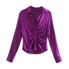 Long-sleeve V-neck Ruched Satin Cropped Blouse