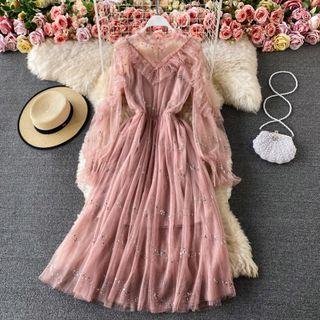 Long Sleeve Sequined Mesh Maxi Dress