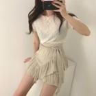 Ruched Short-sleeve Slim-fit Top / Ruffled-trim Asymmetric Skirt