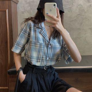 Elbow-sleeve Plaid Open-collar Shirt