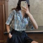 Elbow-sleeve Plaid Open-collar Shirt
