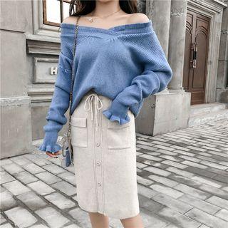 Set: Lettuce Edge V-neck Sweater + Midi Buttoned H-line Skirt
