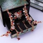 Wedding Set: Traditional Chinese Headpiece + Hair Comb + Dangle Earring Gold - One Size