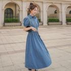 Puff-sleeve Denim Drawstring-waist Midi A-line Dress