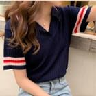 Contrast Color Short-sleeve Polo-neck Knit Top Blue - One Size