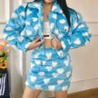 Heart Fluffy Button Jacket / Pencil Skirt