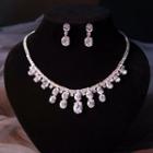 Set: Wedding Rhinestone Pendant Necklace + Dangle Earring Set - Necklace & 1 Pair Stud Earring - Silver - One Size