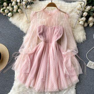 Mesh Dots Long-sleeve Puff Dress