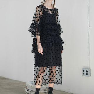 Set: Elbow-sleeve Midi Dotted Mesh Dress + Spaghetti Strap Dress