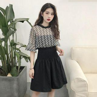 Set: Pattern Short-sleeve Sheer Top + Bandeau + A-line Skirt