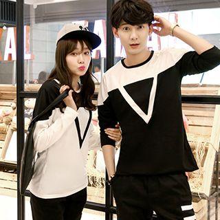 Couple Long-sleeve Color-block T-shirt