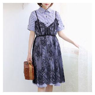 Set: Lace Slipdress + Short-sleeve Stripe Shirtdress