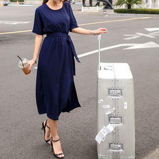 Round-neck Slit-side Midi Dress With Sash