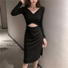 Cut-out V-neck Long-sleeve Sheath Dress