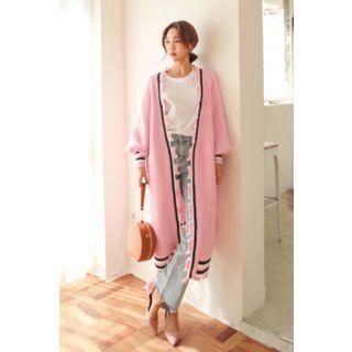 Contrast-trim Textured Long Cardigan