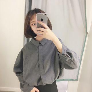 Dolman-sleeve Long-sleeved Pocketed Plain Blouse