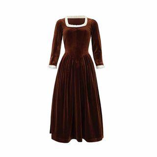 Square-neck Long-sleeve A-line Maxi Velvet Dress