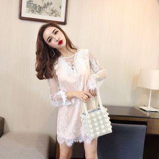 Bell-sleeve Lace V-neck Top Pink - One Size