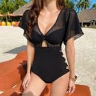 Bell-sleeve V-neck Cut-out Mesh Swimsuit