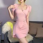 Short-sleeve Halter Heart Buckled Mini Sheath Dress