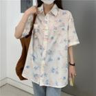 Elbow-sleeve Floral Print Chiffon Shirt White - One Size