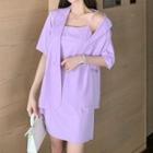 Set: Short-sleeve Single Breasted Blazer + Spaghetti Strap Mini Shift Dress