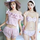 Set: Floral Print Bikini + Cover-up Top + Shorts