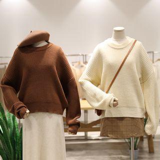 Boxy Crew-neck Rib Knit Puff-sleeve Sweater