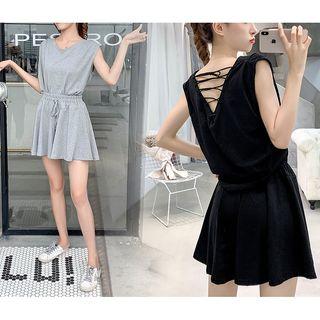 Set: Open Back Lace Up Tank Top + Drawstring Skort