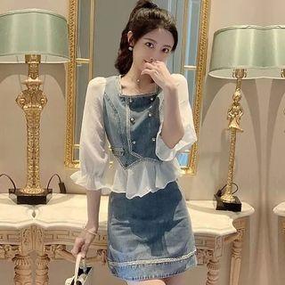 Denim Skirt / Set : Semi Sleeve Square-neck Panel Denim Top + Denim Skirt