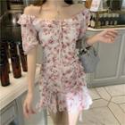 Floral Drawstring-front Short-sleeve Chiffon Mini A-line Dress