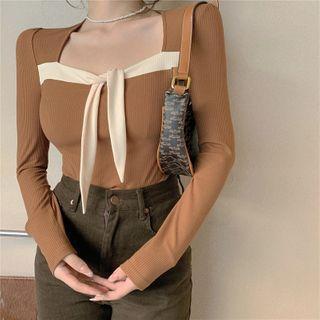 Square-neck Long-sleeve Color Block Knit Top