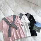 Set: Short-sleeve Printed T-shirt + Plaid Shawl